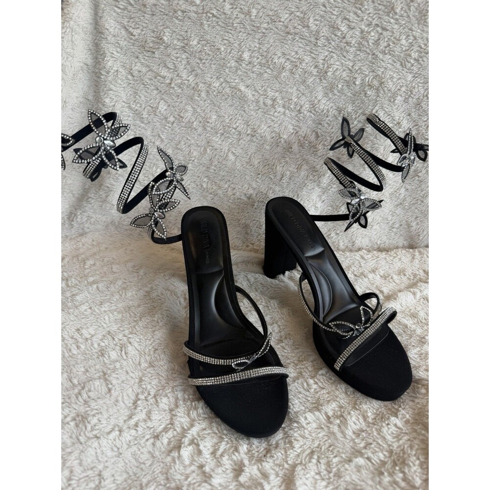 Wild Diva Lounge Black Rhinestone Butterfly Strappy Sandals Women US 10